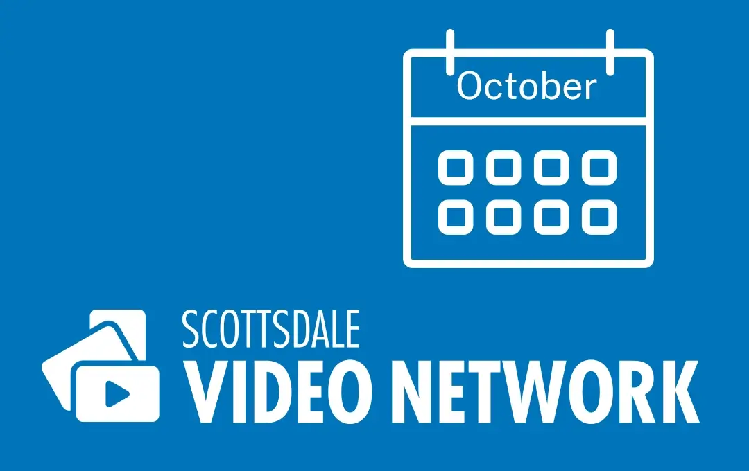 Blue background with a white calendar icon labeled “October” above block dates, next to text reading “Scottsdale Video Network.”