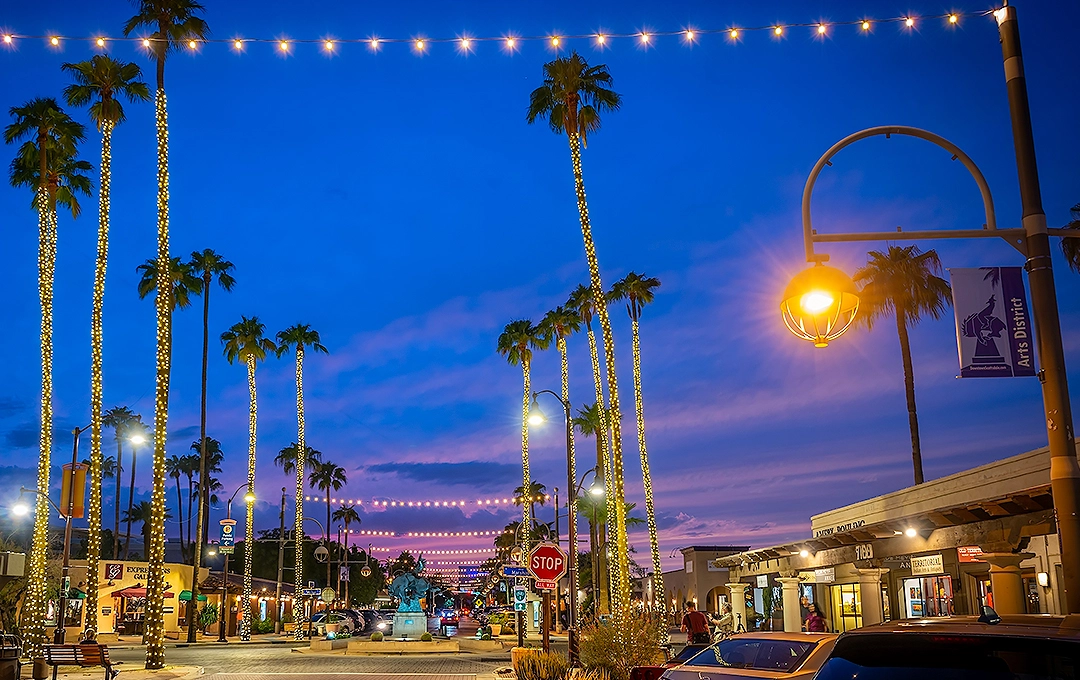 News image old town street with blue and purple sunset sky backdrop