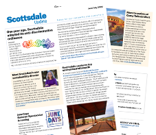 Newsletter-style layout featuring multiple pages with headlines, text blocks, and small photos arranged in a tilted overlapping display.
