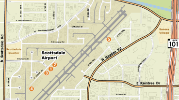 A simplified map showing Scottsdale Airport runways, nearby roads, neighborhoods, and key labeled locations.