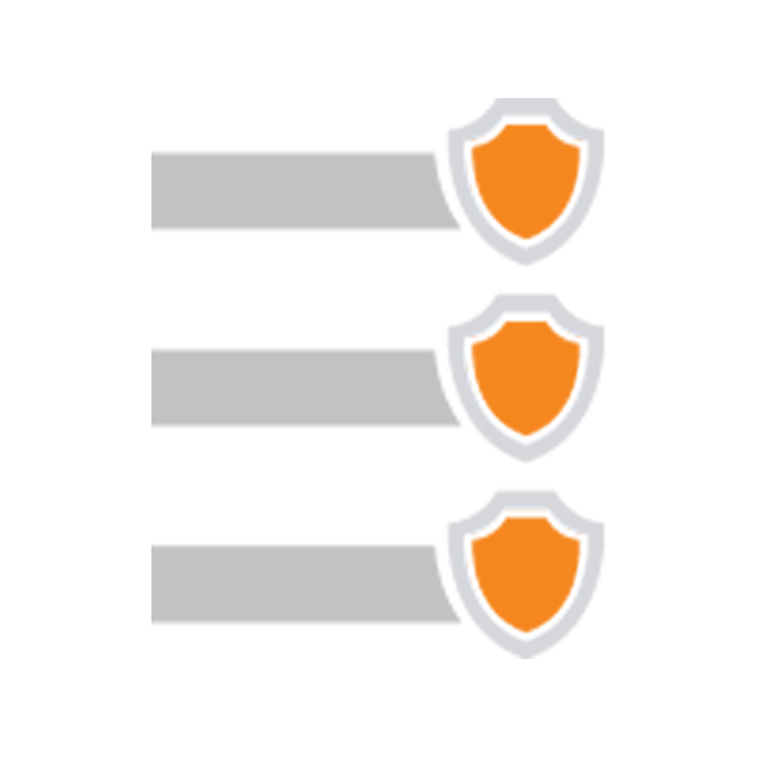 Three horizontal gray bars each ending in an orange shield icon.