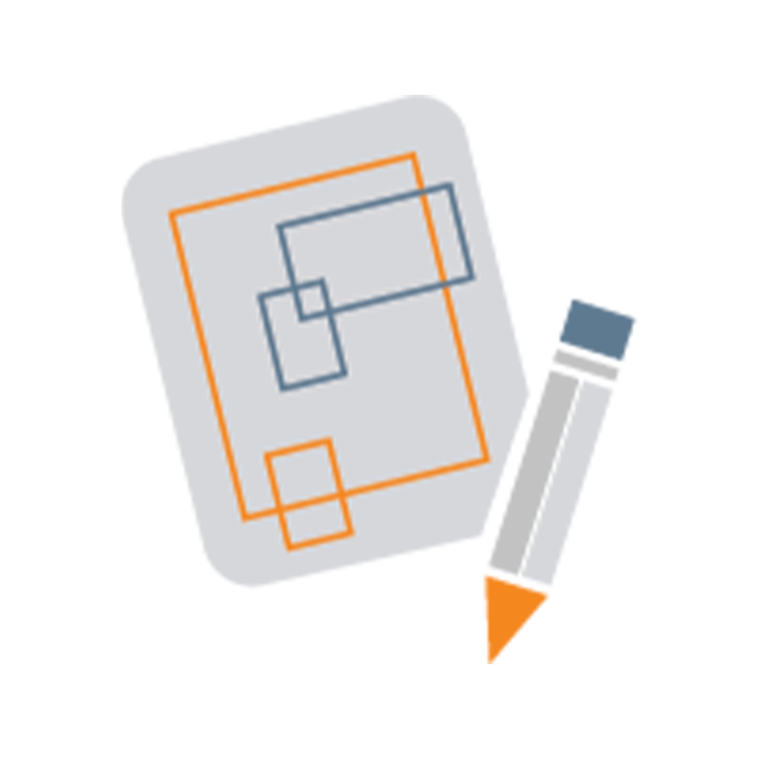 Clipboard with overlapping blue and orange geometric shapes beside a pencil with an orange tip.