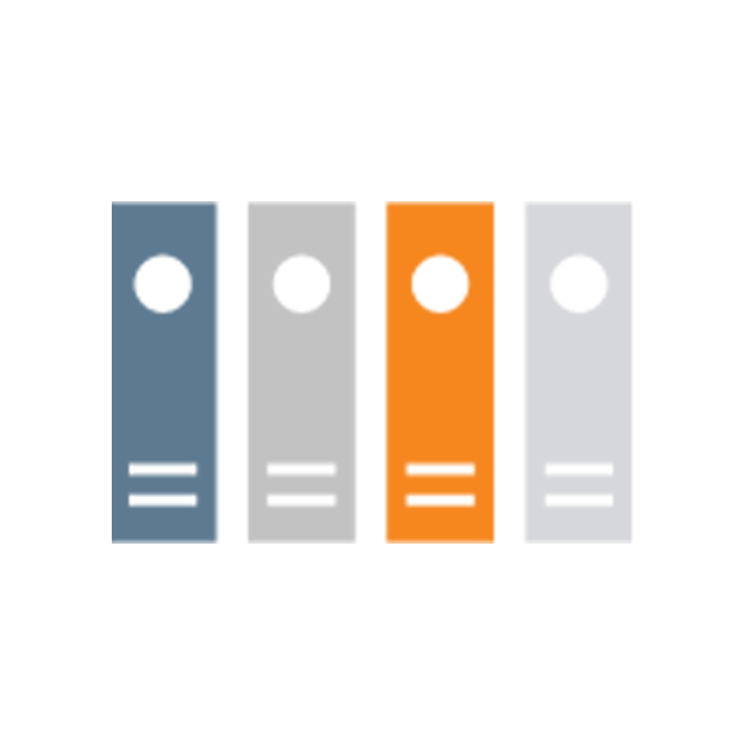 Four vertical binder icons in blue, gray, orange, and light gray, each with a circular label and two horizontal lines near the bottom.