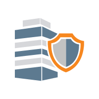 Stylized building icon with an overlaid security shield representing safety and building code protection.