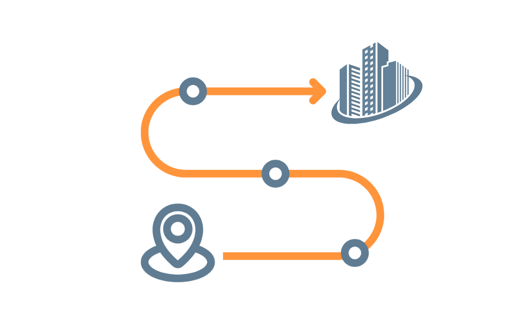 Curved path graphic showing a route from a location pin to a stylized city skyline, marked with circular waypoints along an orange line