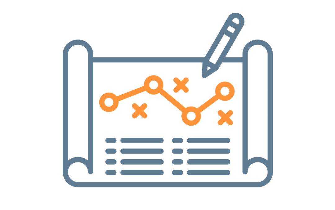 Blueprint-style icon showing a rolled plan with an orange diagram of connected circles and X marks under a pencil.