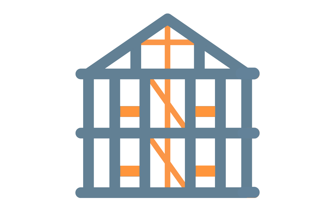 Stylized icon of a building frame with blue structural lines and orange support braces inside a simple house outline