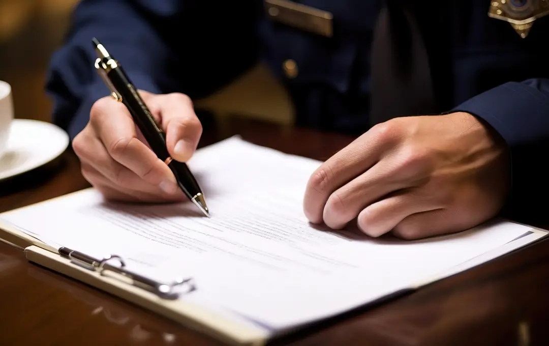 Close-up of a person in a dark police uniform writing on a clipboard, holding a pen while completing paperwork at a desk.