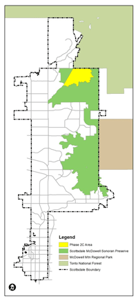 Map showing the Scottsdale boundary with light green areas for the McDowell Sonoran Preserve, tan areas for regional and national park land, and a yellow highlighted Phase 2C section.