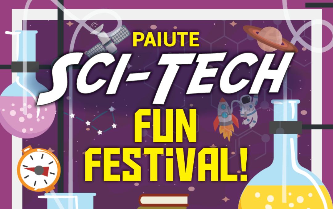 Poster for Paiute Sci-Tech Fun Festival with science lab glassware, rockets, and space icons.