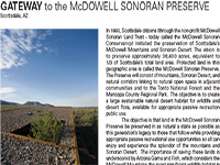 Informational panel titled “Gateway to the McDowell Sonoran Preserve” with a photo of a desert trail bordered by rock walls under a blue sky.