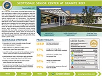 Sustainability fact sheet for the Scottsdale Senior Center at Granite Reef featuring building photos, LEED results, and project highlights.