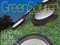GreenSource magazine cover featuring the title in large text over an image of a green roof with round skylights.