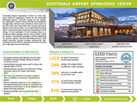 Informational sheet for the Scottsdale Airport Operations Center featuring a nighttime building photo, sustainability strategies, LEED results, and project details.