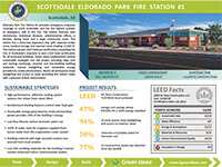 Informational sheet for Scottsdale Eldorado Park Fire Station #1 featuring building photos, sustainability strategies, LEED results, and project details.