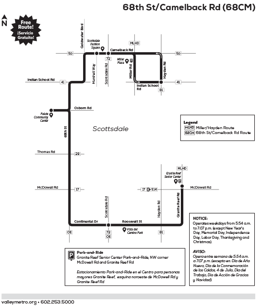 Black-and-white route map showing the 68th Street/Camelback Road bus loop through Scottsdale.