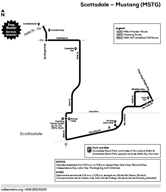 Black-and-white route map showing the Scottsdale Mustang bus line and major destinations.