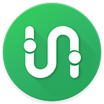 White stylized transit route line with dots centered on a bright green circular background.