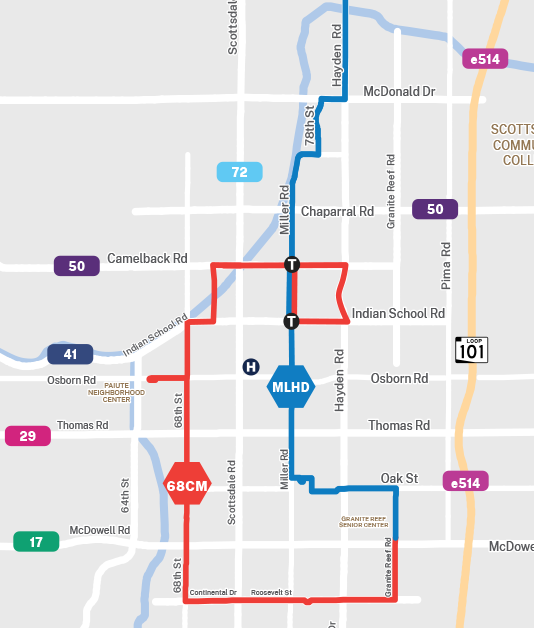 Simplified trolley route map showing 68CM and MLHD loops with key Scottsdale roads.