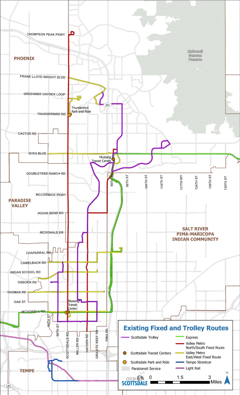 Map of existing fixed and trolley transit routes in Scottsdale, showing trolley lines, Valley Metro routes, express service, transit centers, park-and-ride locations, paratransit service, the Tempe streetcar, and light rail.
