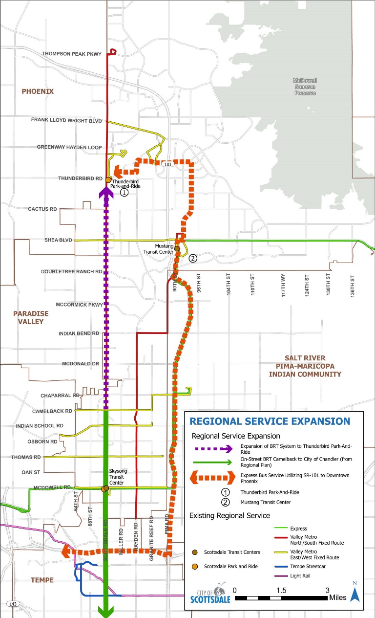 Map of Scottsdale regional transit service expansion showing proposed BRT extension to Thunderbird Park-and-Ride, Scottsdale Road BRT to Chandler, and express bus service via Loop 101, alongside existing regional transit routes and transit centers.