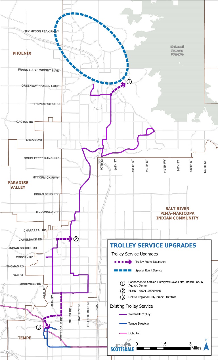 Map of Scottsdale trolley service upgrades showing proposed route expansions, special event service in north Scottsdale, and a future connection to Tempe streetcar and regional light rail, alongside existing trolley routes.