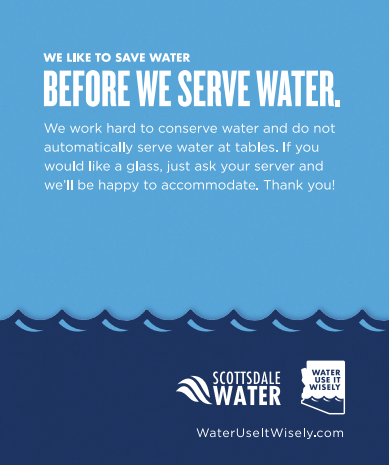Blue poster stating a water‑conservation message with Scottsdale Water and Water Use It Wisely logos.