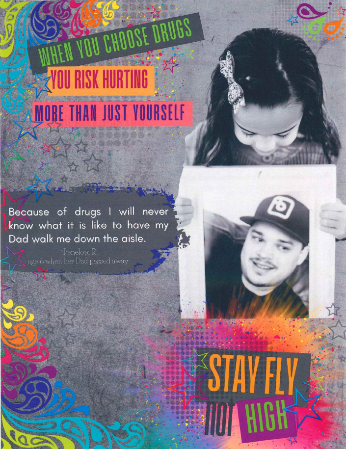 Anti-drug poster showing young girl holding photo of lost loved one with impactful messages.